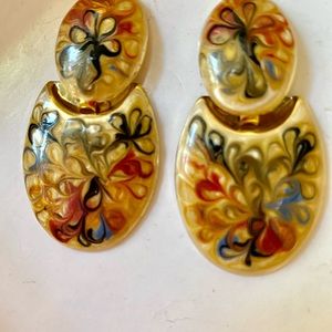 Vintage Cloisonné Pierced Earrings Gold Metal Rust, Green & Midnight Blue Swirls